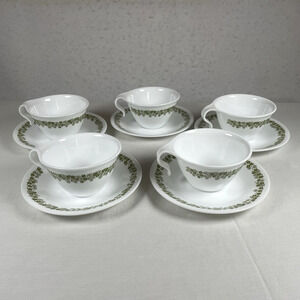 Corelle Lot of 5 Cups & Saucers Spring Blossom Green Crazy Daisy Coffee Tea Set